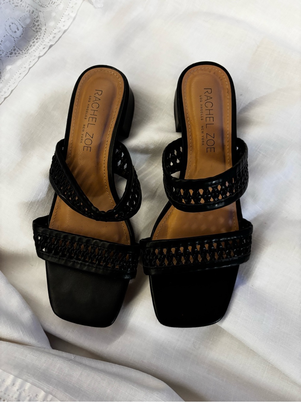 Rachel Zoe Black Woven-Strap Block Heel Mules
